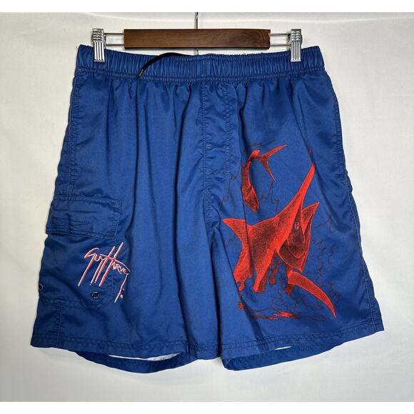 VTG Guy Harvey AFTCO Bluewater Blue Board Shorts Red Marlin Design Size Large - Picture 1 of 8